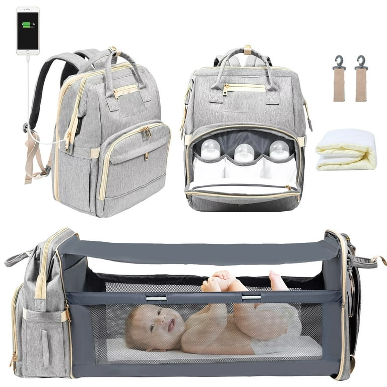 Wisewater Diaper Bag Backpack with Changing Station, USB Charging Port, Waterproof Mommy Bag with Crib Changing Bed, Portable Travel Bassinets for