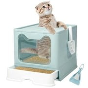 WiseWater Large Foldable Cat Litter Box with Lid, Top Entry Kitty Litter Box with Pet Plastic Scoop, Blue