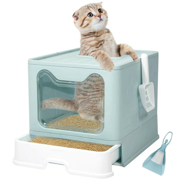WiseWater Large Foldable Cat Litter Box with Lid, Top Entry Kitty Litter Box with Pet Plastic Scoop, Blue