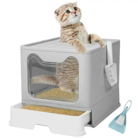 WiseWater Large Foldable Cat Litter Box with Lid, Top Entry Kitty Litter Box with Pet Plastic Scoop, Grey