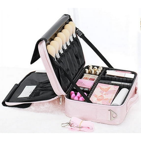 WiseWater Travel Makeup Bag with Dividers, Cosmetic Bag Train Case Makeup Brush Organizer with Strap, Portable, Pink