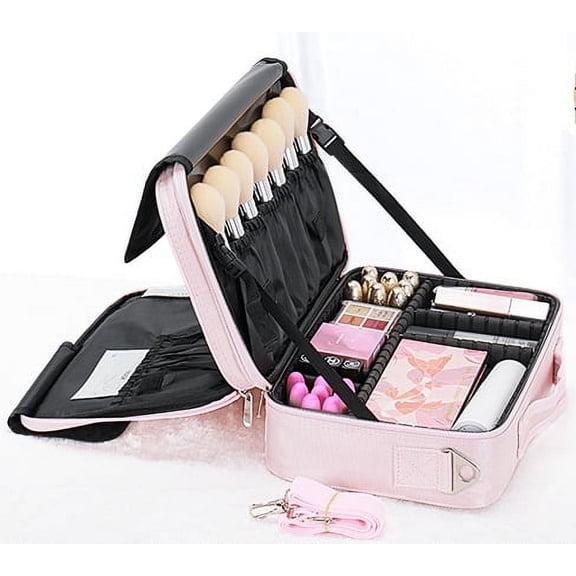 WiseWater Travel Makeup Bag with Dividers, Cosmetic Bag Train Case Makeup Brush Organizer with Strap, Portable, Pink