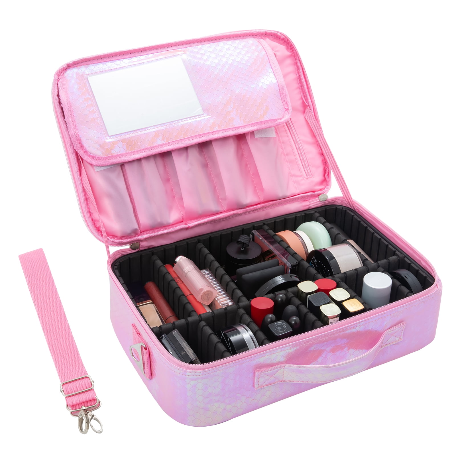 WiseWater Travel Makeup Bag with Dividers and Mirror, Cosmetic Bag Train Case  Makeup Brush Organizer with Strap, Portable, Pink 