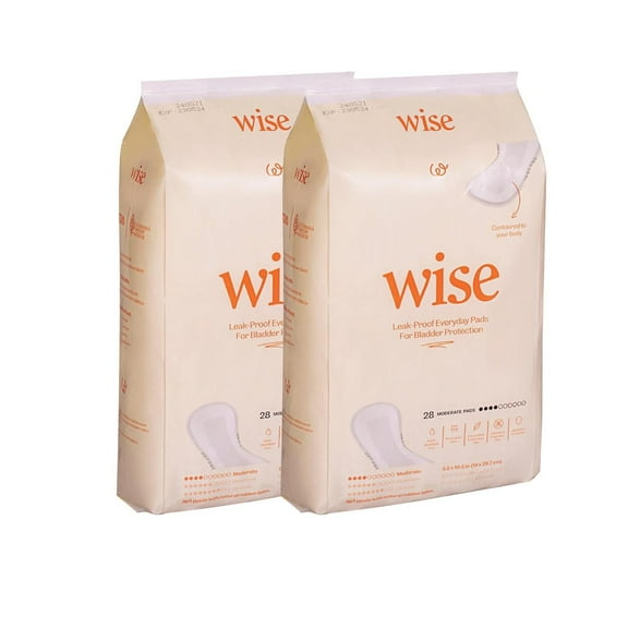 WiseWear Incontinence Pads For Women, Moderate Absorbency, Discreet Bladder Leak Protection / Odor Control & Postpartum Pads, Standard Length, 56 Count, (2 Packs of 28)