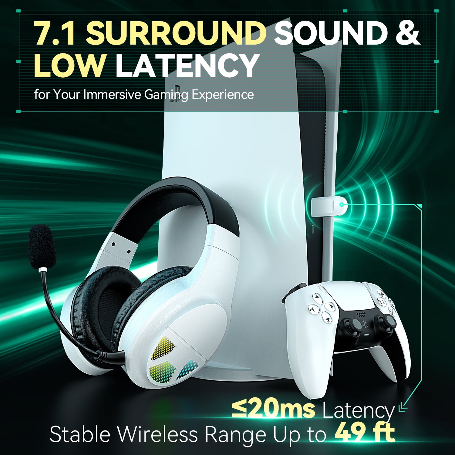 WiseWing 2.4GHz Wireless Gaming Headset with Noise Canceling Microphone, Bluetooth 5.4 for Switch Mobile Mac, 60H Battery RGB Light for PC PS5 PS4