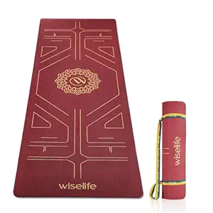 Wiselife True Body Alignment Yoga Mat + Sleek Yoga Strap For Men And Women | Non-Slip Textured Extra Wide & Thick | Pro Balance Tpe Exercise Mat For Home, Pilates, Gym & Fitness (6MM, Wine)