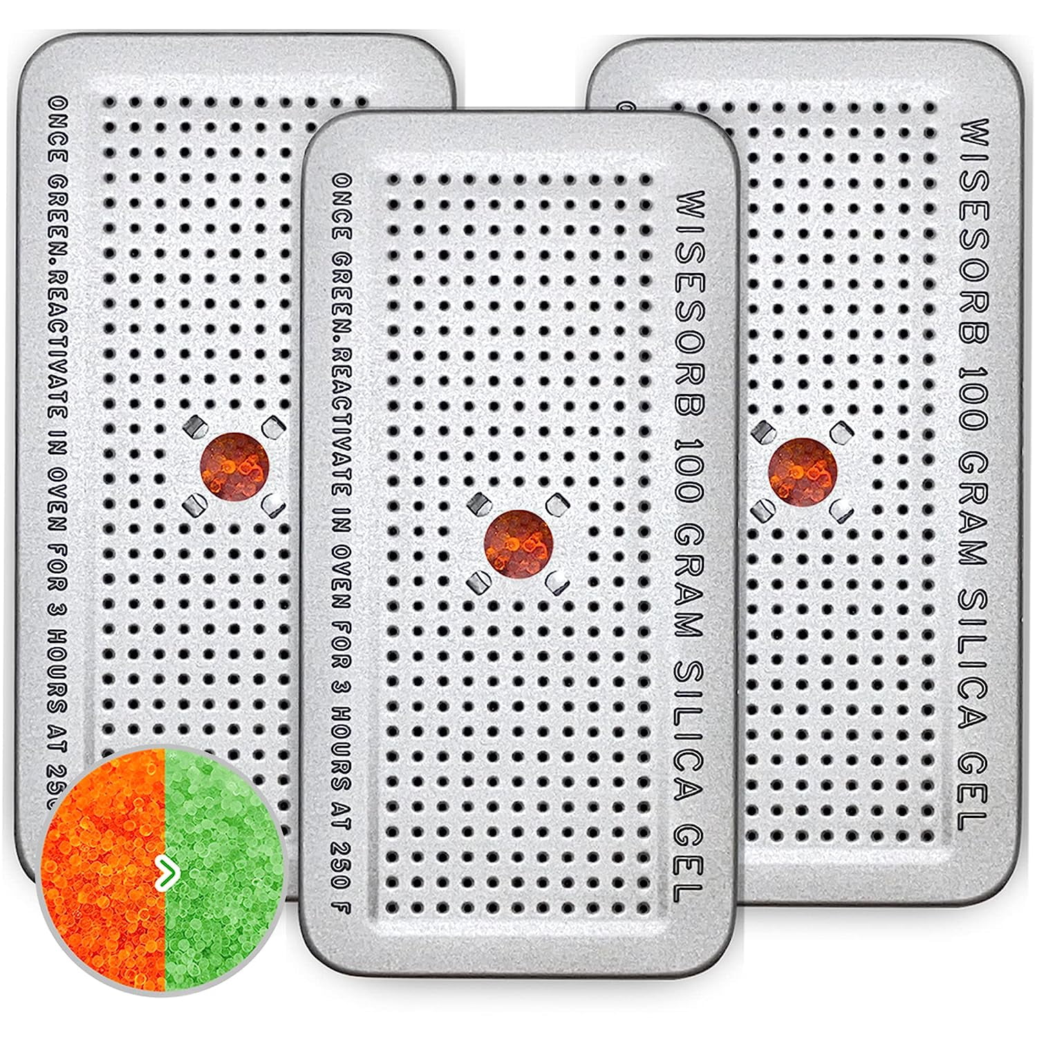 Wisesorb 100 Gram 3 Pack Indicating Silica Gel Canister, Gun Safe Dehumidifier (Orange to Green