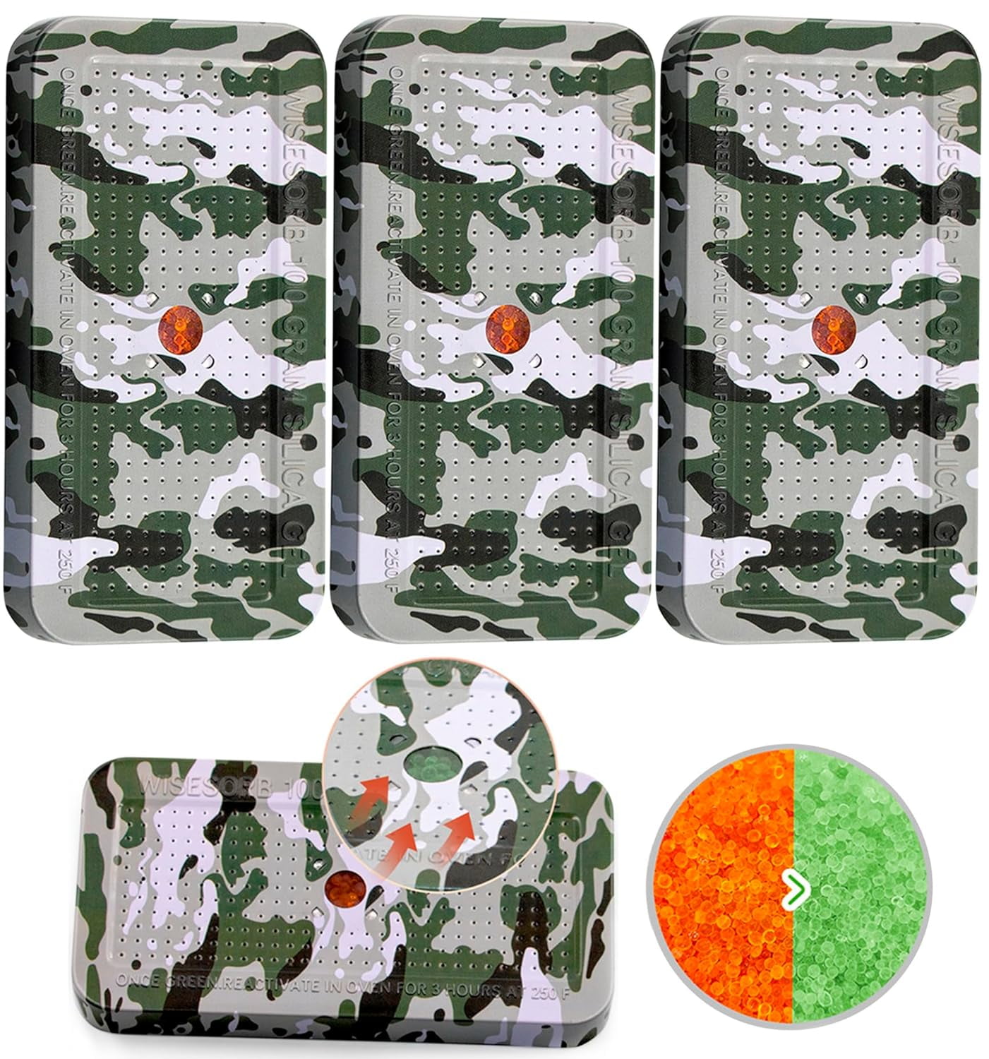 Wisesorb 100 Gram Gun Safe Dehumidifier, Pack of 3 Camouflage Pattern Reusable Silica Gel