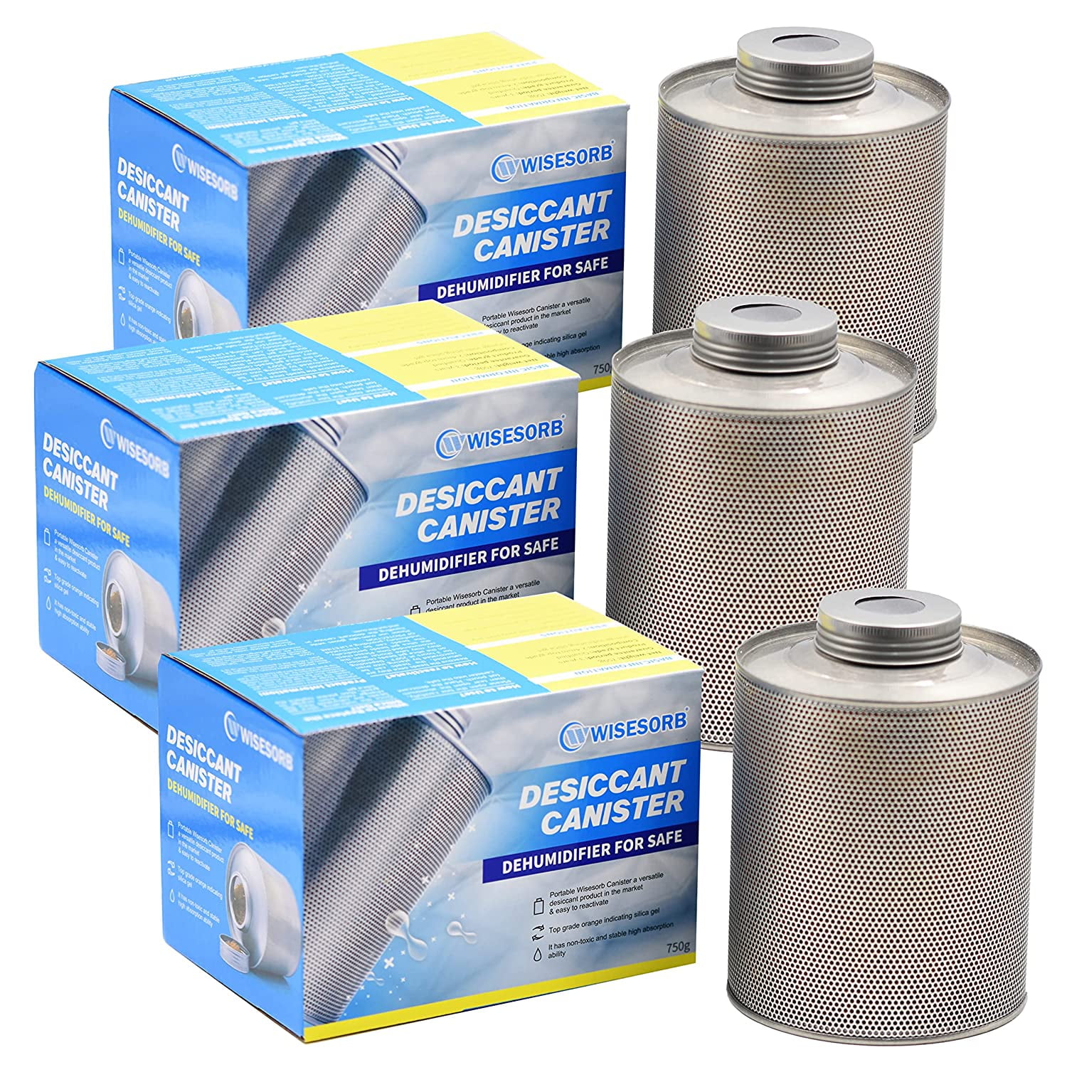 Wisesorb 3 Packs 750 Grams Gun Safe Dehumidifierr, Indicating Silica Gel Beads,  Reusable Canister Desiccant Dehumidifie