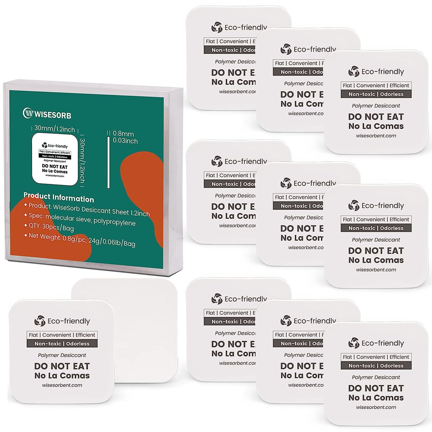 Wisesorb Desiccant Packs, 30 Pack Flat Dessicant, 1.2 x 1.2 Inch of