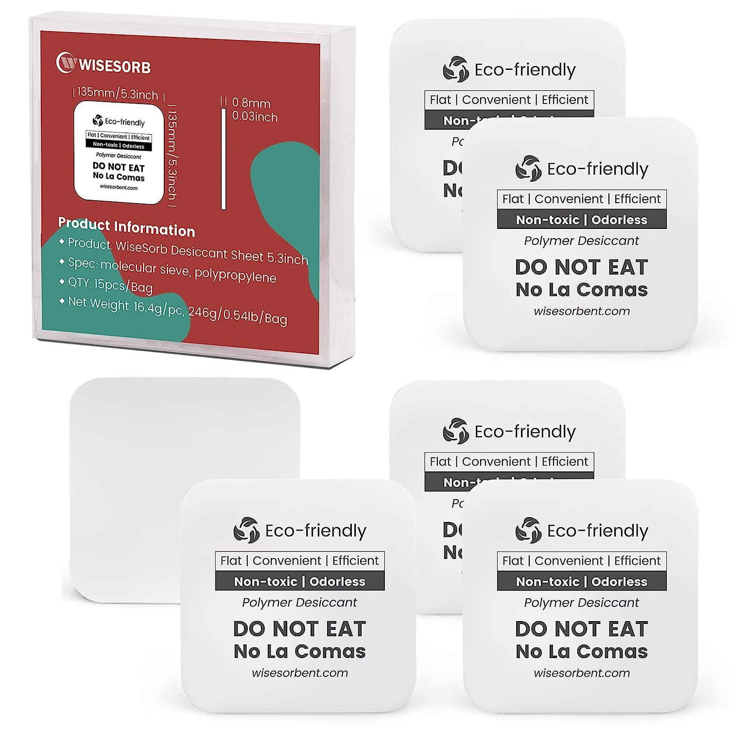 Wisesorb Desiccant Packs, Flat Dessicant, 15 Pack 5.3 x 5.3 Inch of Each Piece, Moisture