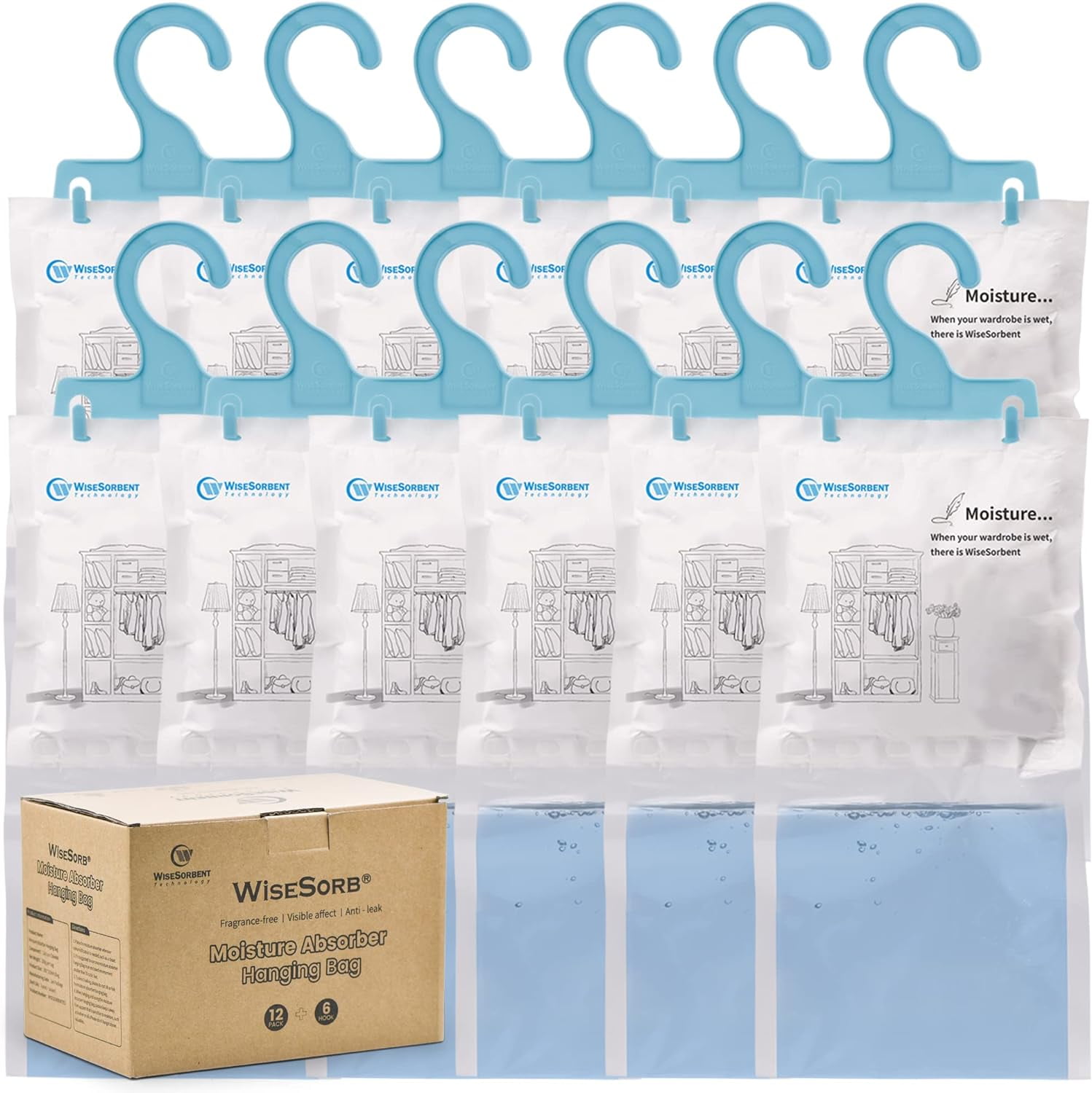 Wisesorb Moisture Absorber Refill Hanging Bags, 12 Pack (7 oz. ea.) of Tyvek Paper Moisture Absorber Packets with 6pcs Hooks, Humidity Packs, Hanging Closet Dehumidifier Bags