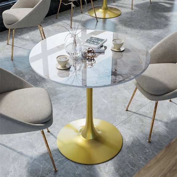 Wisfor 2-4 Person Dining Table Home Leisure Table w/ Metal Stable Base & Sintered Stone for Living Room Dining Room , LxH: 29.92x30.90 inch, Glossy Jaded-White Top Glod Leg