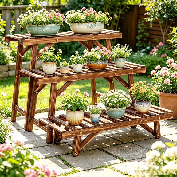 3PCS Wooden Plant Stand Flower Shelf Rack Storage Display for Indoor Outdoor Garden Patio Balcony, 27.5" x 9.8" x 12.8"