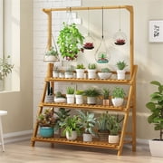 Wisfor 3 Tier Ladder Plant Stand Bamboo Flower Shelf with Hanging Bar for Home, 39.3x15.5x37.8 inch