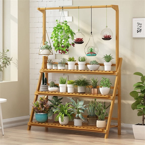 Wisfor 3 Tier Ladder Plant Stand Bamboo Flower Shelf with Hanging Bar for Home, 39.3x15.5x37.8 inch
