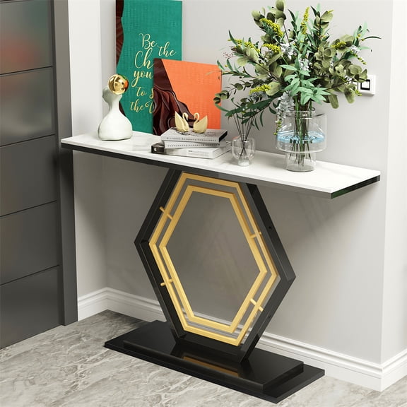 Wisfor 47.2" Sintered Stone Entryway Console Table Living Room Sofa Side Table, Glossy White Top, Geometric Metal Base