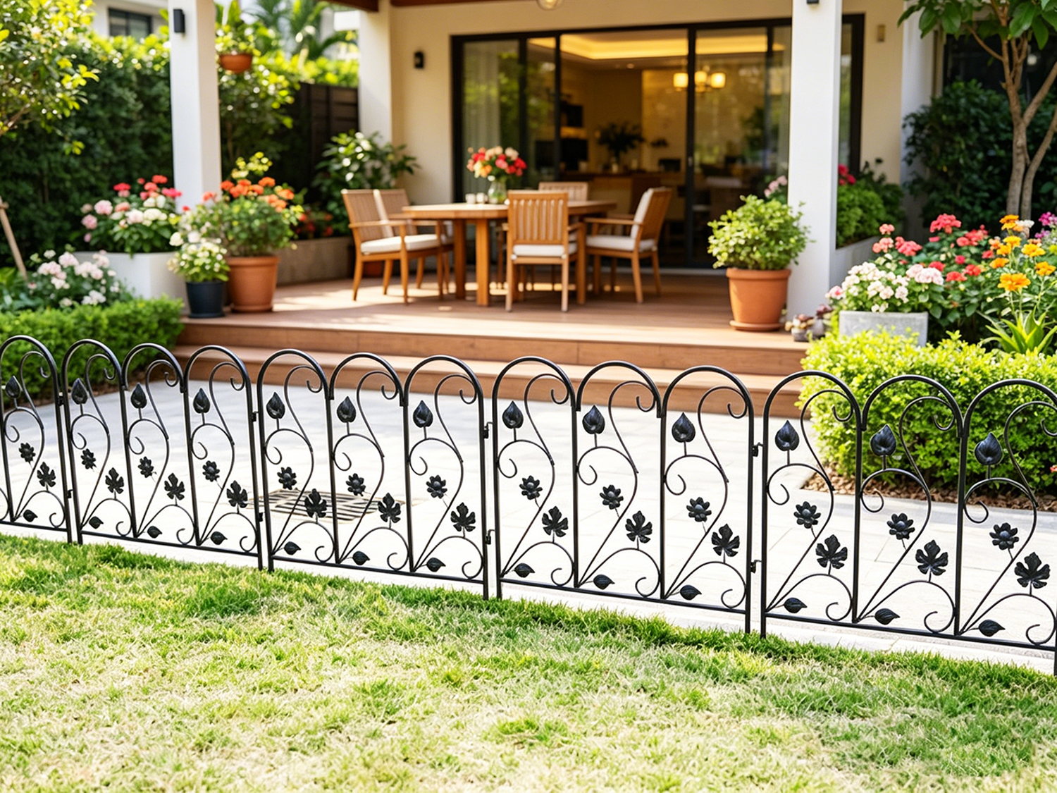 Wisfor 5 Panels Decorative Garden Fence Rustproof Black Metal Animal Barrier, 23.4x24.3 inch