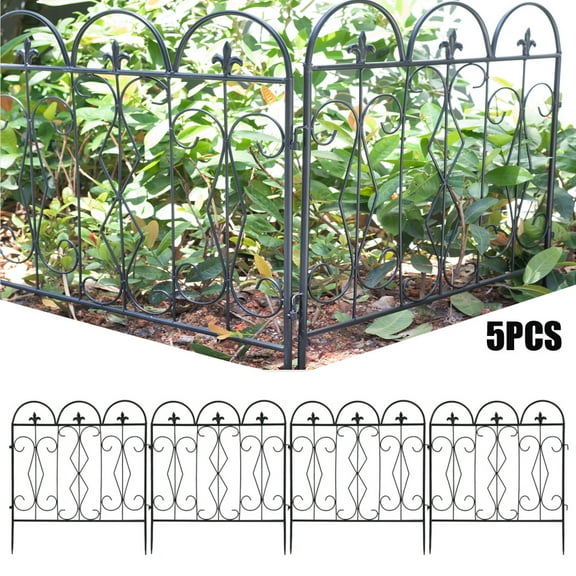 Wisfor 5 Panels Decorative Garden Fence Rustproof Black Patio Yard Metal Barrier, 27.2x26.3 inch