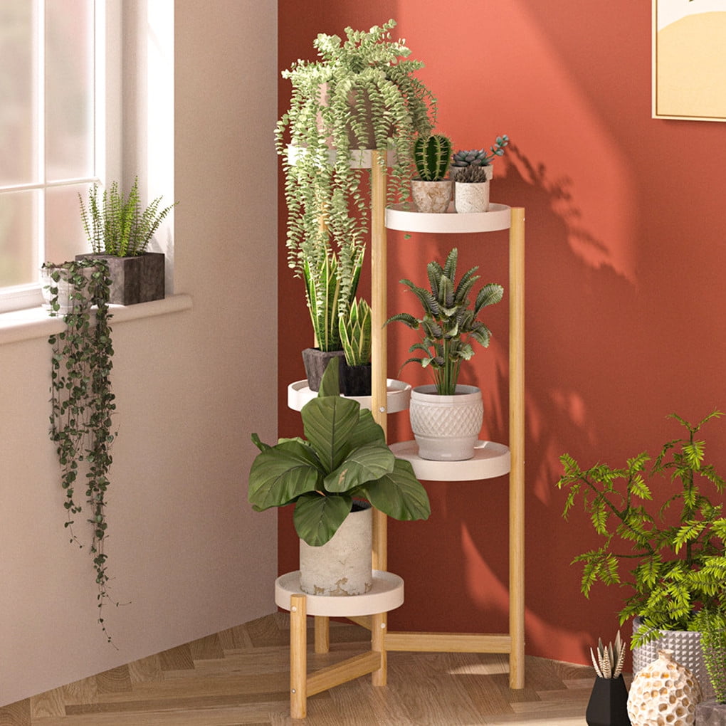 Wisfor Bamboo Planter Rack: 5 Tier Tall Corner Garden Shelves