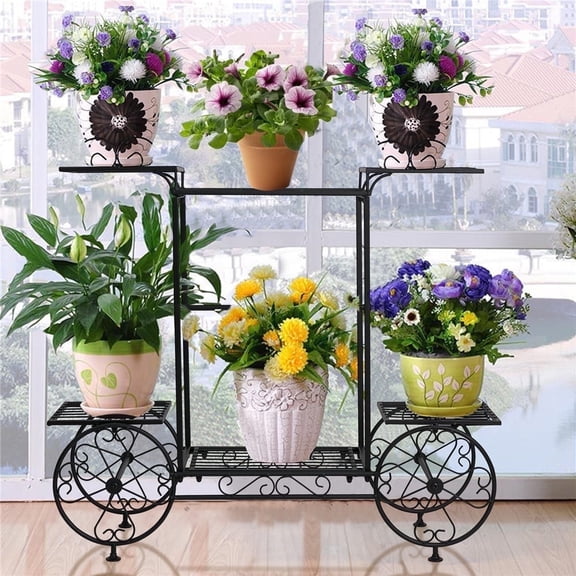 Wisfor 6 Potted Metal Garden Cart Plant Stand Flower Rack Indoor Outdoor Black, 32.7x8.7x27inch