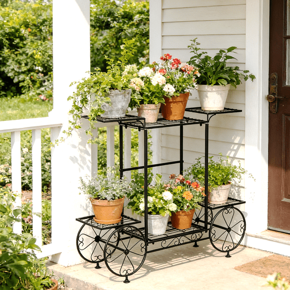 Wisfor 6 Potted Metal Garden Cart Plant Stand Flower Rack Indoor Outdoor Black, 32.7x8.7x27inch