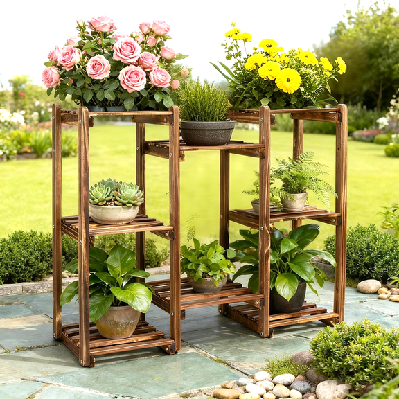 Wisfor 8-Tier Solid Pine Wood Plant Stand Large Bonsai Flower Display Shelf Indoor Outdoor, 27.6 inch