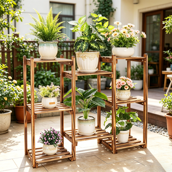 8-Tier Solid Pine Wood Plant Stand Large Bonsai Flower Display Shelf Indoor Outdoor, 27.6 inch