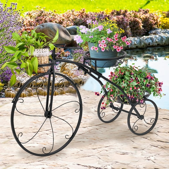 Wisfor Bicycle Style Metal Plant Stand Flower Pots Black Garden Rack Indoor Outdoor Decor, 20.5 inch