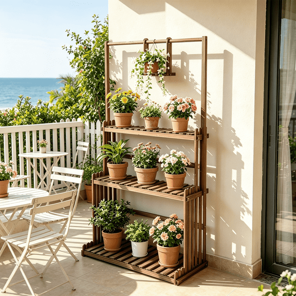 Carbonized Wood Plant Stand Hanging Flower Basket Dispaly Rack Planter Shelving Unit, 57 inch