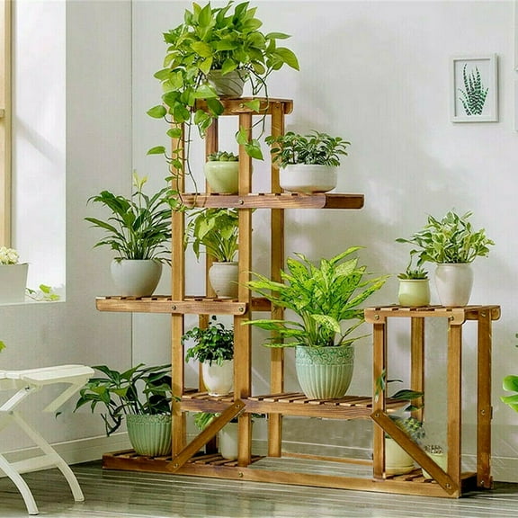 Wisfor Flower Rack Plant Stand Solid Pine Wood Shelves Multi Tier Bonsai Shelf, Brown
