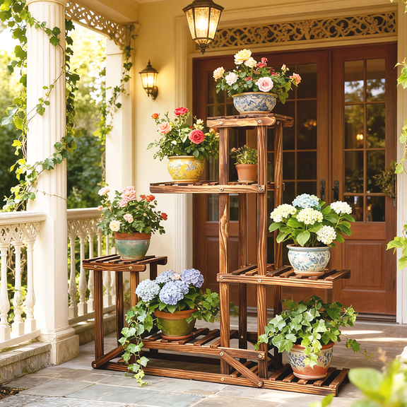 6 Tier Pine Wood Plant Stand Flower Bonsai Shelf Rack Garden Patio Balcony Decorative