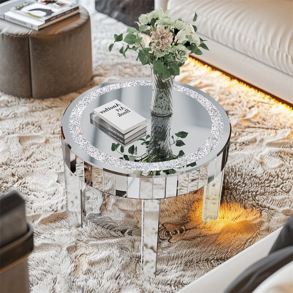 Wisfor Indoor Modern Mirrored with Diamonds MDF Glass Round End Table, Silver, 23.62x19.69 inch