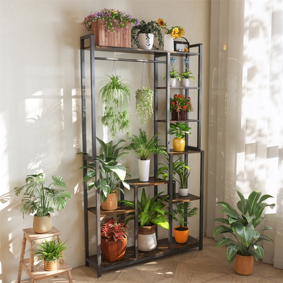 Wisfor Large Tall Industrial Plant Stand Flower Shelf Basket Hanging Rail for Garden Balcony Pati Storage, 38.58x9.37x70.87 inch