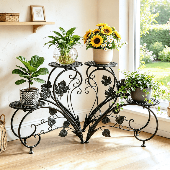 2PCS Metal Black Plant Stand Heart Shaped Flower Holder Racks for Outdoor Garden Patio Indoor