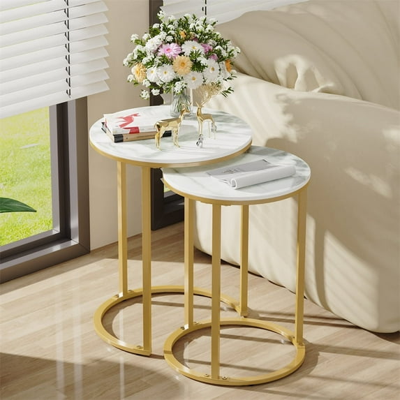 Wisfor Round Nesting Coffee Table Set of 2 Luxury End Side Table for Living Room Bedroom, 16x22 inch