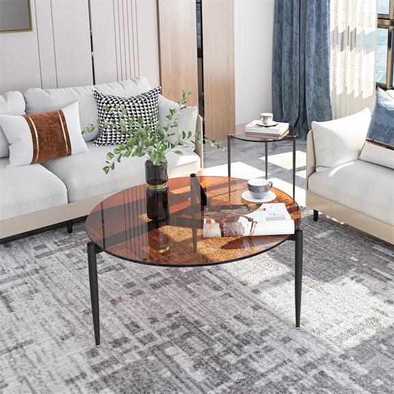 Wisfor Round Tempered Glass Table Coffee Table Steel Novelty Legs for Bedroom Living Room, Tan
