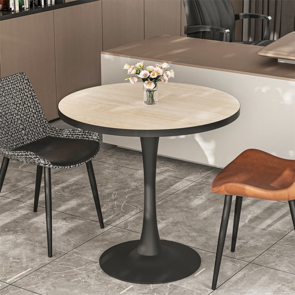 Wisfor Round Tulip Dining Table Living Room Kitchen Table for 2-4 People Thicken Large Pedestal Base with Framed Top, 30.12x31.50 inch, Travertine & Black Color