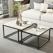 Wisfor Set of 2 Square Coffee Tables Living Room Nesting End Side Tables, White Stoned Top, Metal Frame