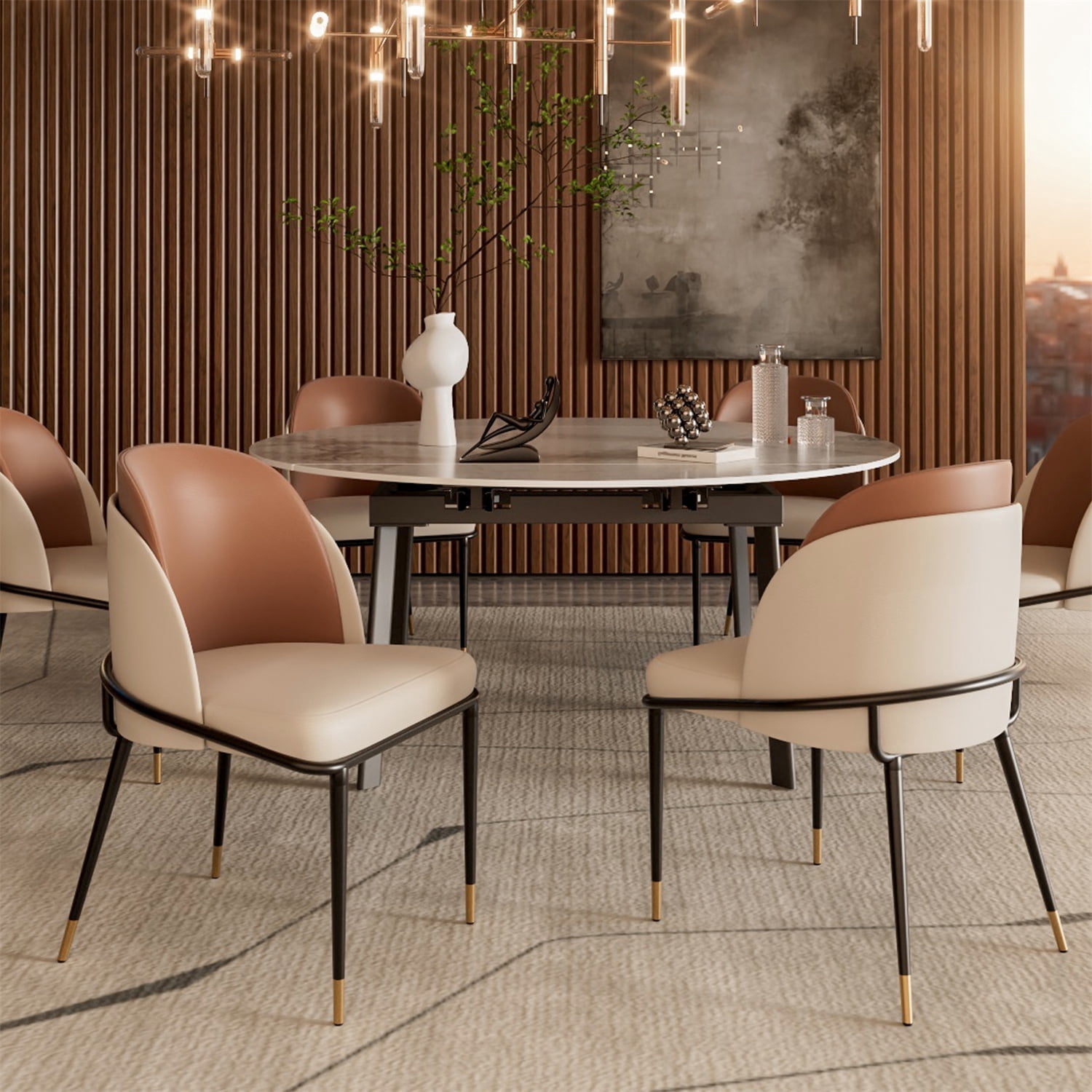 Wisfor Set of 2 Wider Dining Chairs Soft Sponge Filling PU Leathered Kitchen Chairs, Colour Reddish Brown & Beige