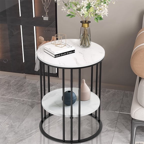Wisfor Sintered Stone 2 Tier Sofa Side Table Round Coffee Table Nightstand for Living Room Bedroom