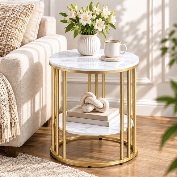 Wisfor Sintered Stone 2 Tier Sofa Side Table Round Coffee Table Nightstand for Living Room Bedroom