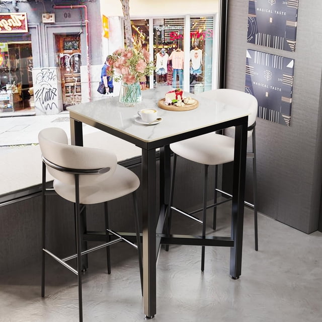 Sintered Stone Bar Table: White Square High Top Pub Tables with Black ...