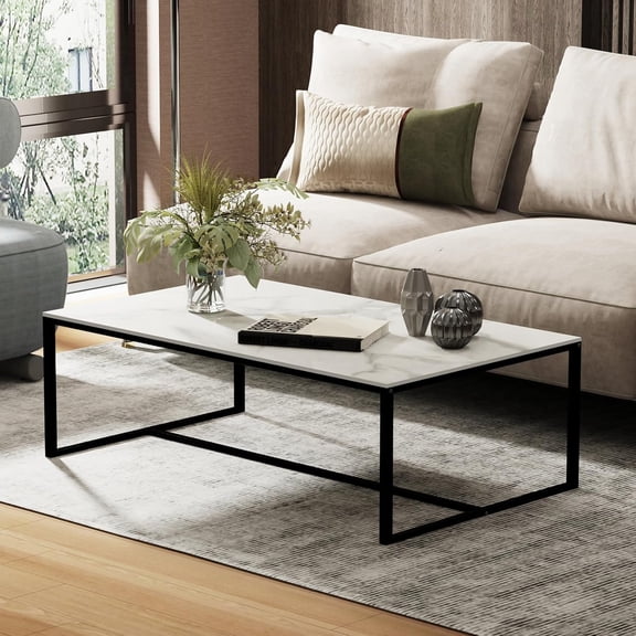 Wisfor Sintered Stone Coffee Table: White Sofa Side Table with Black Metal Frame for Living Room, 39.4x23.6x15.7 Inch