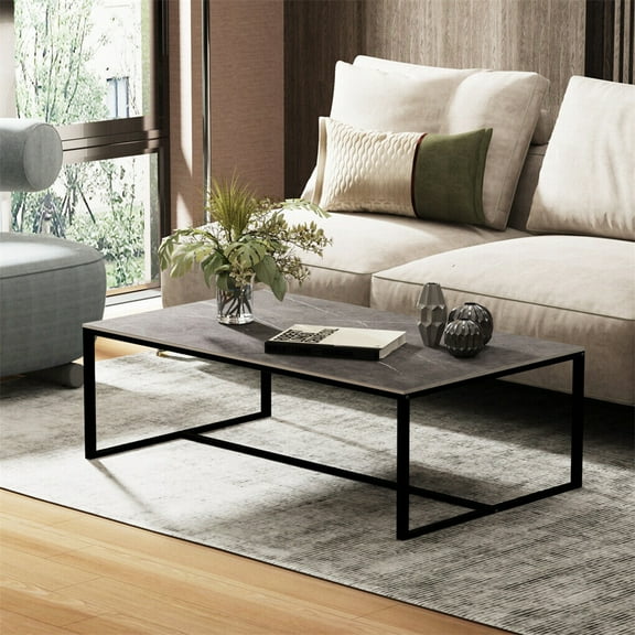 Wisfor Sintered Stone Rectangle Coffee Table Living Room Cocktail Table with Solid Metal Base,Grey