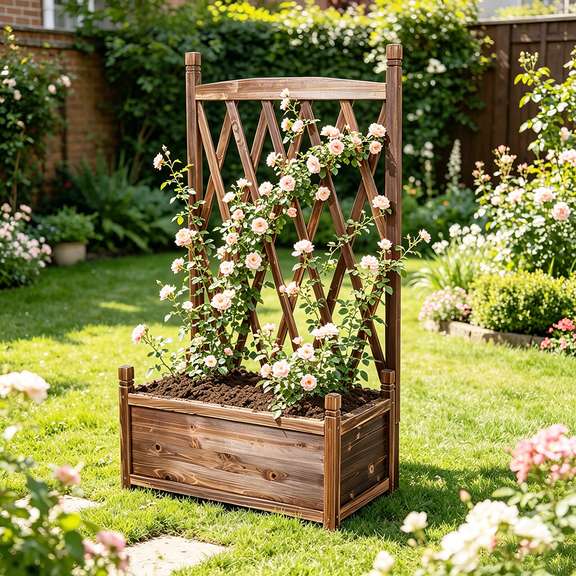 Pine Wood Garden Raised Bed Planting Box with Trellis Home Decor, 25.2x14.4x45.2 inch