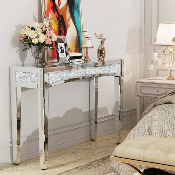 Wisfor Sparkling Silver Mirrored Entryway Console Table Sofa Side Table Crushed Diamond Inlay,47.2"x13.8"x31.7"