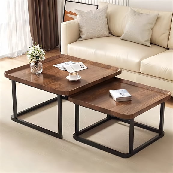 Wisfor Square Nesting Coffee Table Set of 2 Walnut Side End Table for Living Room, 23.6x17.7 inch