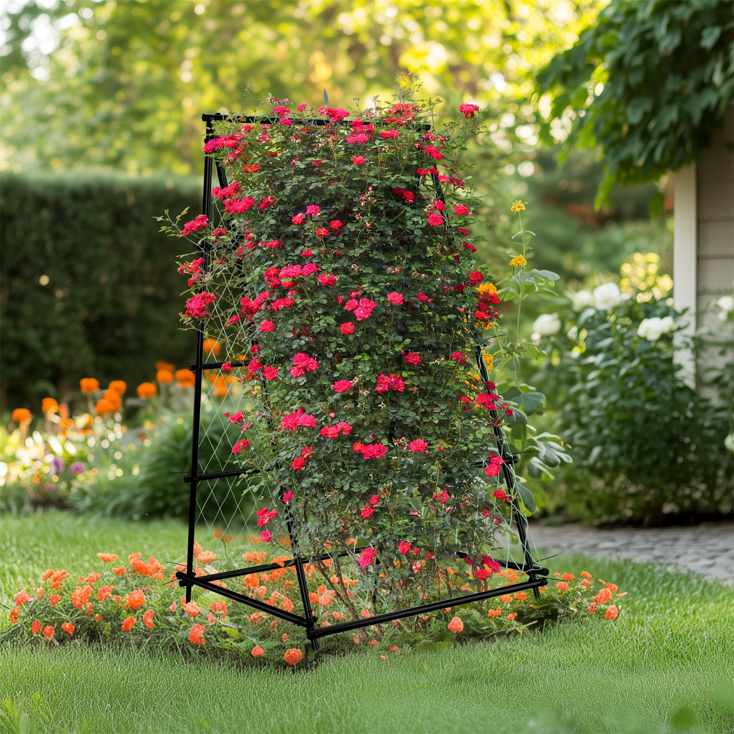 Wisfor Thicker Iron Tall Cucumber Trellis Climbing Plants Garden Trellis Shelf Rack with Nylon Netting, A Frame, 41.34x41.34x69.29 inch