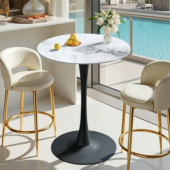 Wisfor Tulip Round 39.3" Counter Height Bar Table Pub Bar Bistro Party Table Sintered Stone Tabletop Stable Metal Pedestal Base, Glossy Jade-White Top & Black Leg